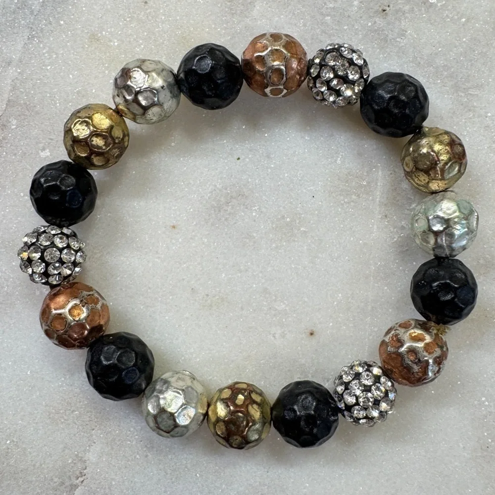 Mixed Metal Textured Stretch Bracelet With Rhinestone Beads